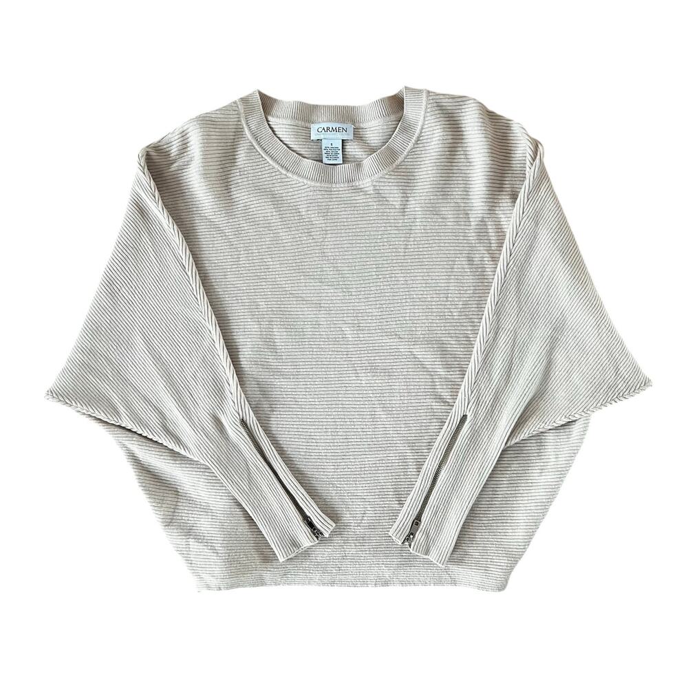Carmen Marc Valvo Oatmeal Neutral Ribbed Knit Zipper Sleeve Sweater | S